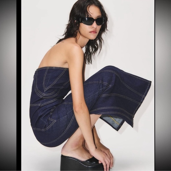Zara blogger’s favorite top stitched body-con denim dress M - Picture 2 of 6
